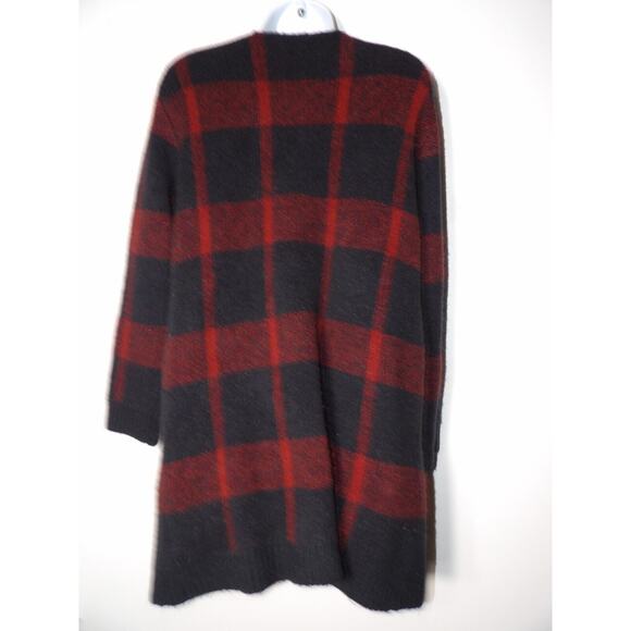 Dress Forum Cardigan Long Duster M/L Buffalo Plaid Red Black Duster Fuzzy Knit - Picture 5 of 11